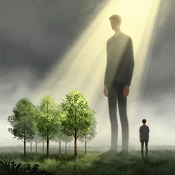 editorial illustration by karolis strautniekas and mads berg, illustrated tree saplings next to a very tall man, fog, fine texture, detailed, muted colors, dramatic lighting, dynamic composition, vivid, matte print, wide angle, ( ( sunbeams ) ), moody