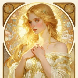 digital character concept art by artgerm greg rutkowski alphonse mucha. clear portrait of a shy modern wife blessed by god to grow immaculately fertile and perfect!! blonde, in clothes! holy body! light effect. hyper detailed, glowing lights!! intricate, elegant, digital painting, artstation, smooth, sharp focus