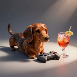 sausage dog playing videogames and drinking a cocktail