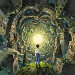 a man standing astonished, hyper detailed, fractal architecture, transcending, infinity, miyazaki, illustration, dan seagrave, concept art, mysterious