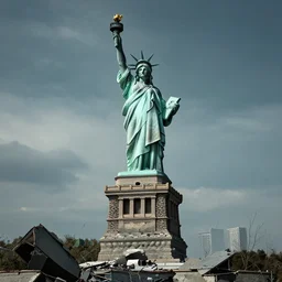 liberty statue ruined down, post apocalyptic