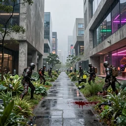 post apocalyptic city park, raining, building, avenue, modern contemporary urban americana concrete architecture, paved roads, by thomas kinkade, pascal blanche, greg rutkowski, shaddy safadi, neil blevins trending on artstation, photorealistic, neon ambiance, ultra detailed, high definition, depth of field, bokeh, wild vegetation, blood stains, crumbling, post - apocalyptic warriors