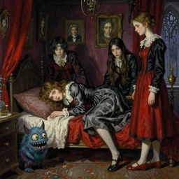 realistic detailed image of a girl in an old soviet girlish room with a little monster  hiding!!! under the bed!!! by  Ayami Kojima, Amano, Karol Bak, Greg Hildebrandt, and Mark Brooks, Neo-Gothic, gothic, rich deep colors. Beksinski painting, part by Adrian Ghenie and Gerhard Richter. art by Takato Yamamoto. masterpiece. ultra details, high quality, high resolution .