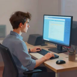 a stunning digital painting of a man on his computer