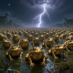 an army of a thousand frog warriors in golden armour, apocalyptic, swamp, sky is full of stars and cinematic lightning, artstation, hyperrealistic, extremely detailed, 8 k, octane render, matte painting,