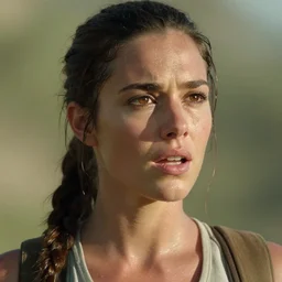 an film still of lara croft face getting sweat because of the sun heat, she looks thirsty
