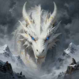 white dragon head portrait, long lens, wide angle, greg rutkowski, drark, marvel comics, dark, plutus su and chris scalf and lucas graciano and billy christian, symmetrical, snowy mountains, atmospheric haze, blue eye, grey and gold color palette, painting, d & d, fantasy, detailed, realistic, complimentary colors, light, artstation, cinematic, dramatic lighting, close up, storm clouds