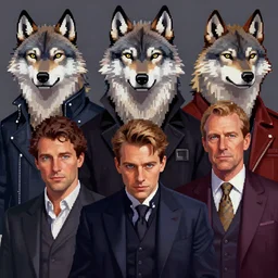the wolfs squad, pop art, pixel, bioshock art style, gta chinatown art style, face features, body features, ultra realistic art, digital painting, concept art, smooth, sharp focus, illustration, intricate, without duplication, elegant, confident posse, art by artgerm and richard hamilton and mimmo rottela, kirokaze and paul robertson