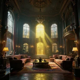 cyberpunk workshop, liminal space, high detail, rendered in unreal engine, 3d render, god rays, volumetric lighting, mansion, interior, large windows, rich house