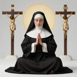 a full body portrait of a beautiful holy nun, meditative sacral pose, catholic stages of the cross, pulp fiction, intricate, elegant, highly detailed, digital painting, artstation, concept art, smooth, sharp focus, illustration, art by krenz cushart and artem demura and alphonse mucha