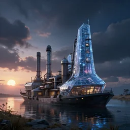 a beautiful hyperdetailed render of houseboat industrial architecture by alejandro aravena, myst nature at dawn azeroth at night cloudy night meadow tundra at dusk nightsky sunset made of glass sunlight morning sun water bioshock darkacademia apocalyptic studio ghibli crystal assassin's creed neon noir, archdaily, wallpaper, highly detailed, trending on artstation.