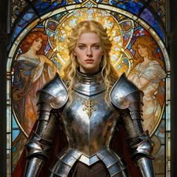 masterpiece head-on symmetrical centered painted portrait, Imogen Poots as a paladin, Elden Ring class, blonde hair, glorious, wearing full metal armour, glowing stained glass backdrop, elegant, in the style of Ruan Jia and Artgerm and Edgar Maxence and Ross Tran and Alphonse Mucha and Ayami Kojima and Charlie Bowater and Greg Rutkowski and Karol Bak and Jean Delville, Art Nouveau, Pre-Raphaelite, Neo-Gothic, gothic, Art Nouveau, rich deep moody colors, 8k, specular highlights, octane render