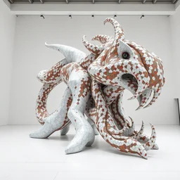establishing wide view shot of stunning massive intricate fascinating sculpture of an abstract marble creature with colored glass mosaic tiles by * francesco somaini * in huge empty white space. with collaboration of ellen jewett, zhelong xu, sayaka ganz, edouard martinet