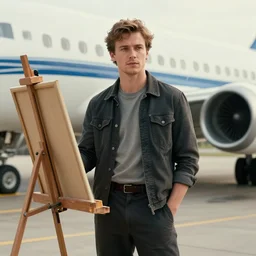 portrait of aiden gillen standing in front of an airplane!!!, holding an easel, photorealistic, detailed, trending on artstation
