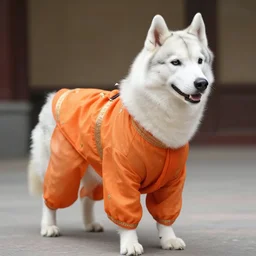a photo of a white husky dog wearing and orange saree