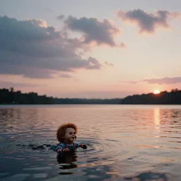 sunset clouds with a calm lake in the background and a tiny screaming chucky swimming ashore by greg rutkowski cinematic 3 5 mm film