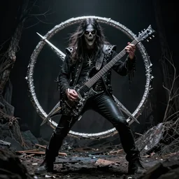 a nu-metal musician using a pentagram to conjure the lord of metal music. Horror film production photo from the 1990s.