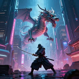 wide angle photo of a samurai with a katana ready to fight a giant dragon flying in the middle of futuristic city, detailed, neon aesthetic, 8 k n - 4