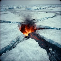 vintage horrific photo of an ice floe meeting magma in the middle, textured, skewed perspective, last photo ever taken, apocalyptic event