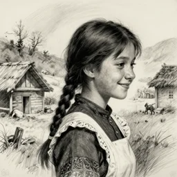 a side's profilecontent of a sadly smiling black haired, young hungarian village maid from the 19th century who looks very similar to Lee Young Ae with a hair braid, detailed, sketch by Rembrandt, Csók István and da Vinci