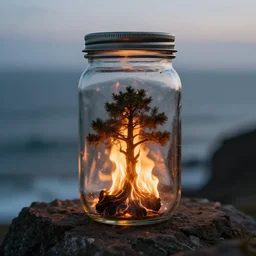 glass jar with a burning! tree inside, standing on a cliff, bokeh, ocean in the background, metal lid, dramatic lighting, hyperrealistic, volumentric lighting, highly detailed