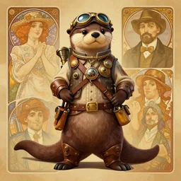 anthropomorphic otter steampunk aviator pilot. Renowned character illustration by greg rutkowski, thomas kindkade, alphonse mucha, loish, norman rockwell. Trending on furaffinity.