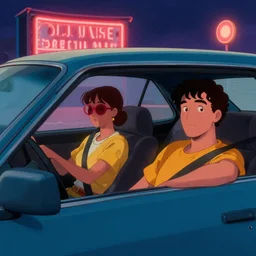 a couple sits in a car at a drive - in movie, cinematic concept art