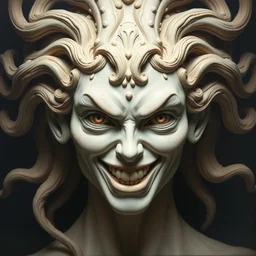 perfectly centered portrait, front view marble sculpture of a beautiful biomechanical medusa, female, flowing hair, intense stare, sarcastic smile, symmetrical, concept art, intricate detail, volumetric shadows and lighting, realistic oil painting by tim hildebrandt,
