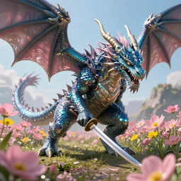 hyperrealistic cinematic dragon monster yielding katana in a field of pink yellow flowers, highly detailed digital art masterpiece, smooth vitaly bulgarov eric zener dramatic pearlescent soft blue light, ground angle uhd 8 k, sharp focus