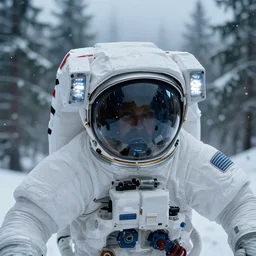 close - up portrait of space astronaut with white spacesuit flying in weightlessness inside canadian massive green pines snow forest, close - up helmet. small foggy and gloomy, blue lights, bokeh background, close - up shot, highly detailed science fiction illustration. photorealistic, movie still