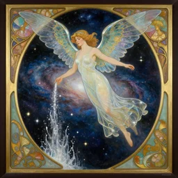 an art deco painting of a woman with glass wings hovering over the galaxy, pouring water and stars into outer space. illustrated in style by tamara de lempick, georges lepape and an elegant border by alphonse mucha | studio lighting | digital painting, stunning lighting, trending on artstation