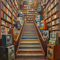 the staircase at powell's city of books, vintage shapes, retro technology, happy colors. rob gonsalves, oil on canvas, deep depth field, masterpiece, cinematic composition, hyperdetailed