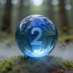 blue glass ball, fresnel, ior 2, 3, in the forest, foggy bottom