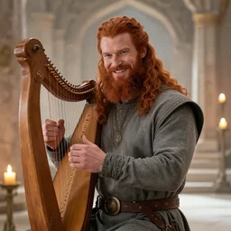 fit, red - haired, bearded male in a grey tunic playing a lyre, inside of a candle lit temple, norse god odin, smiling, beside him, bright atmosphere, hyper realistic, photo realistic, movie still, unreal engine, high octane render, 8 k