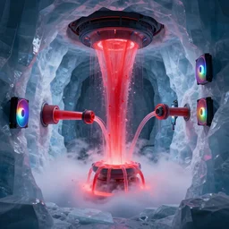 liquid nitrogen and with red water-cooling coolant flowing through latent representations of ice caverns by centrifugal forces, gaming pc RGB components sticking out the walls!!!!, high detail, high contrast, low-poly elements!!!, trending on artstation, octane render, subsurface scattering, 4k