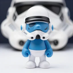 A Smurf vinyl toy dressed as a stormtrooper, hyper realistic strong DoF