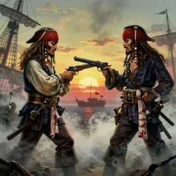 two pirates facing each other in death duel!, foggy, gunpowder smoke, dramatic, bloody scene, sunset background, ship on the horizon, portrait 4 / 3, high detail, greg rutkowski, james gurney, gene wolfe, gustave dore, jesper ejsing, rhads, makoto shinkai, ilya kuvshinov