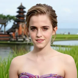 emma watson wearing kebaya bali in bali. temple, lake, rice field, ocean. front view. instagram closeup holiday photo shoot, perfect faces, beautiful