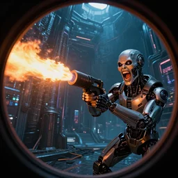widest fish eye lens extremely close to cyborg's laughing while shooting flamethrowers with a dystopian neopunk cyber backdrop