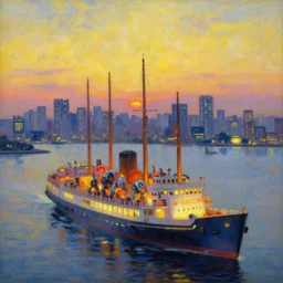 a neon robotic cyberpunk steamboat in bay of tokyo, retrofuturistic japanese impressionism, huge city, oil on canvas, natural colors, horizon, golden hour, glowing lights, perfect composition, rule of thirds, masterpiece, detailed, ethereal, megalophobia, by gustave caillebotte, wlop, mucha, greg rutkowski