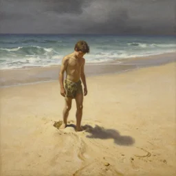 a stunning painting of a little man made of sand, standing on a beach, slowly melting into sand by thomas kinkade and john aktinson grimshaw, matte painting, moody palette