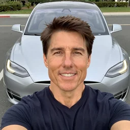 photo realistic, selfie, tom cruise infront of his tesla