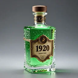 product photo of a cube luxury decorated steampunk crystal liquor bottle filled with green glowing liquid, label is retro 1 9 2 0, studio light