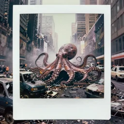 giant octopus body lyong on the ground in postapocalyptic abandoned destroyed times square, wrecked buildings, destroyed flipped wrecked cars, polaroid photo, vintage, foggy, 1 9 8 5, neutral colors, rainy day, color photo by shawn heinrichs by brian skerry by gregory crewdson