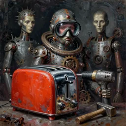 red, orange, grey, toaster, drill, hammer, dark, gothic, cyber, fantasy, rust, metal, rivets, cogwheel, human, creature, mannequin, machinery, scuba mask, by giger, masahiro ito, junji ito, rough oil paint, underpainting, highlights, john signer sargent, dean cornwell