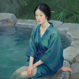 hyperrealism beautiful chinese woman in a robe sitting near the hot spring, yumiko kayukawa, drab blue greens, dark greens, highly detailed, canvas, acrylic paint