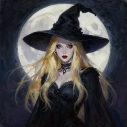 portrait of beautiful blonde woman as a Dark evil witch, big moon in the background, oil painting by Shimoda, Hikari