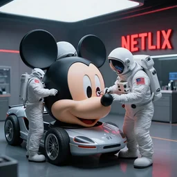 futuristic car mechanics wearing astronaut helmets doing surgery on a huge mickey mouse doll head that has a bloody cheek wound! red netflix neon office sign in background, beeple!!, minimal, movie still in in private car garage, dystopian
