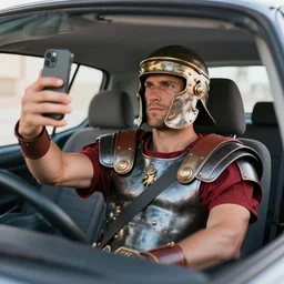 a roman soldier taking a selfie inside of a car.