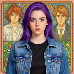 realistic depiction of abigail from stardew valley wearing black shirt under blue denim jacket, purple hair, blue eyes, art by tan zi and artgerm and alphonse mucha and peter mohrbacher